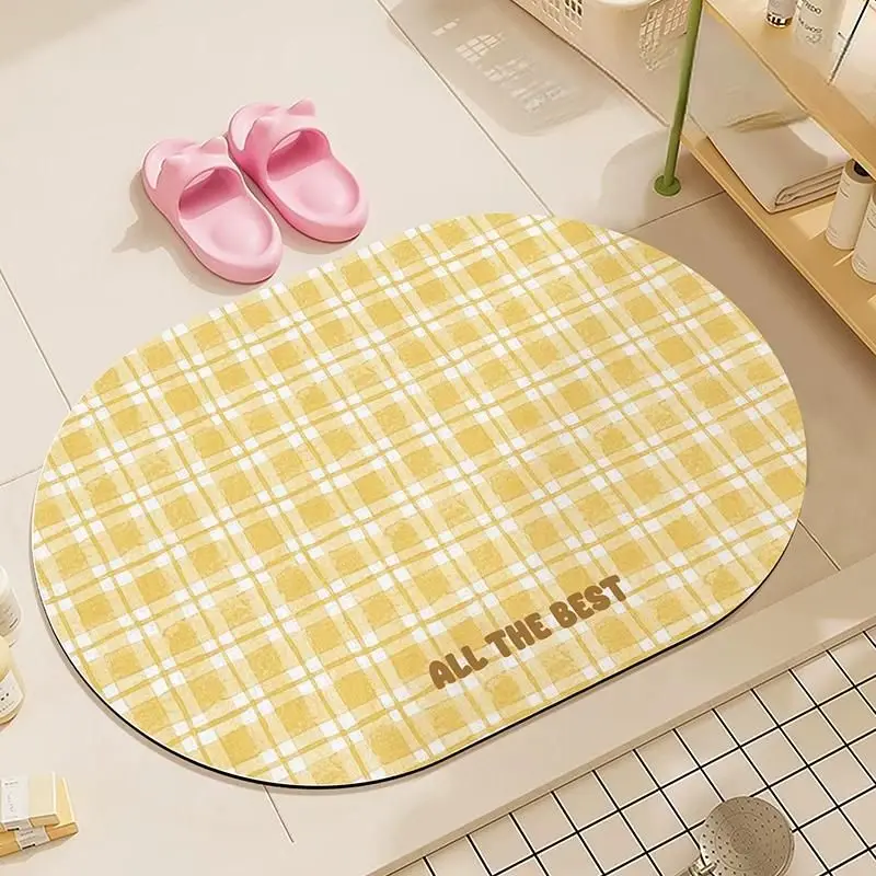 VIKAMA Yellow White Plaid Check All The Best Text Oval Bath Mat Cute Cheerful Quick Dry Absorbent Home Decor Retro Style Soft