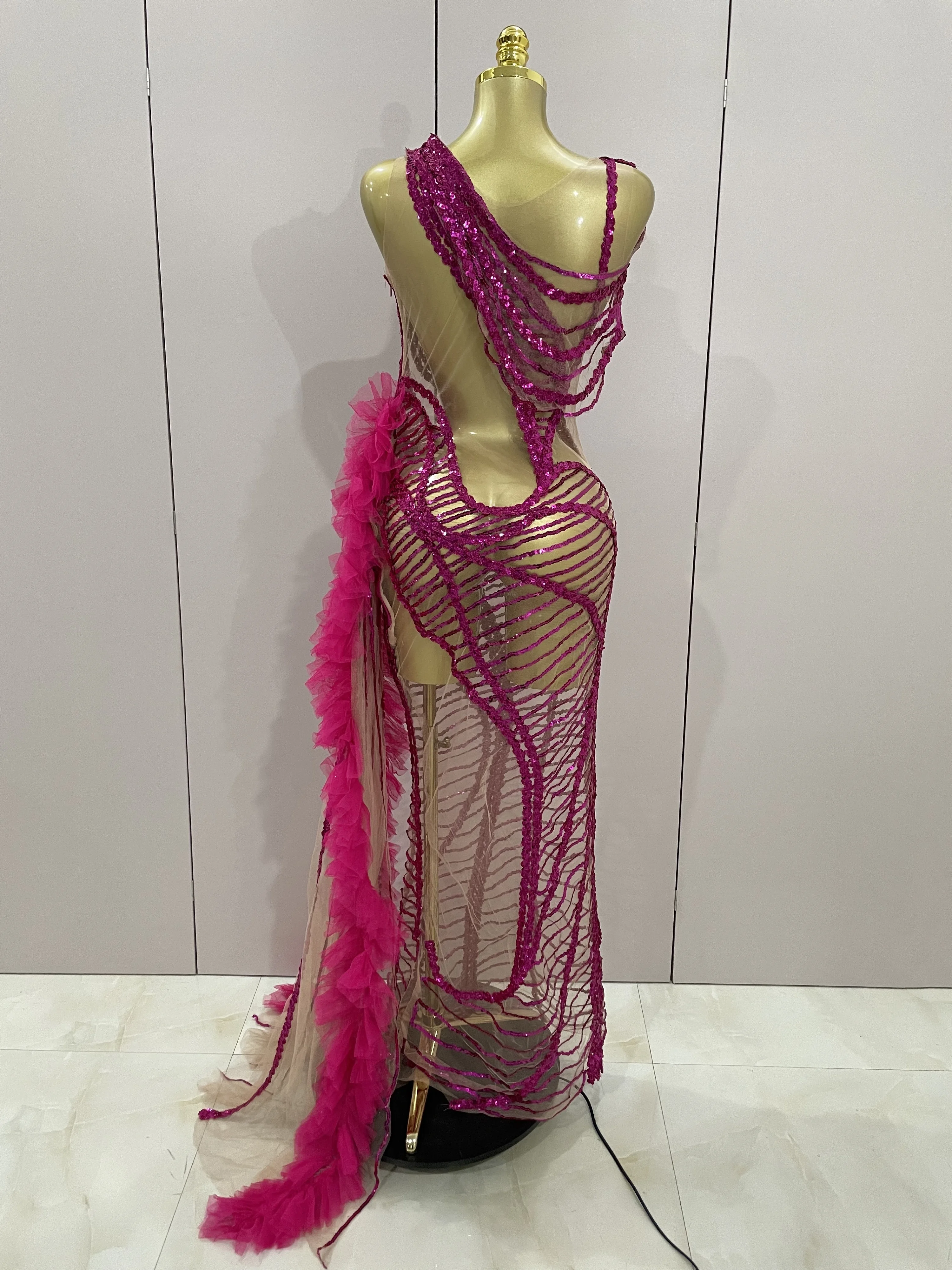 ประกายเลื่อมเซ็กซี่ตาข่ายซีทรูหางยาวชุดผู้หญิงงานแต่งงานฉลองชุดราตรีงานพรอมวันเกิดชุดไนท์คลับเครื่องแต่งกาย