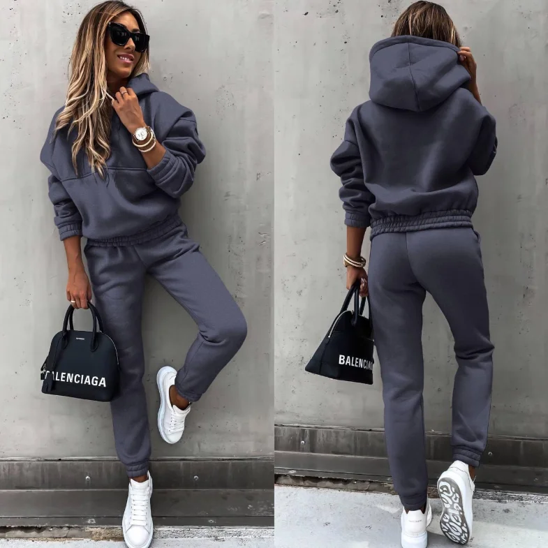 Winter-Trainingsanzug für Damen, zweiteiliges Set – übergroßer Kapuzen-Jogginghose, einfarbiger Sportanzug | Lässiges Sweatshirt-Hosen-Set – Detail 5
