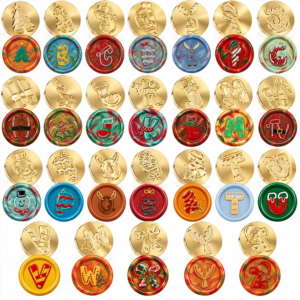 Christmas Alphabet Wax Seal Stamp Brass Head A-Z Letter Xmas Tree Snowman Pattern DIY Envelope Invitation Scrapbooking Craft