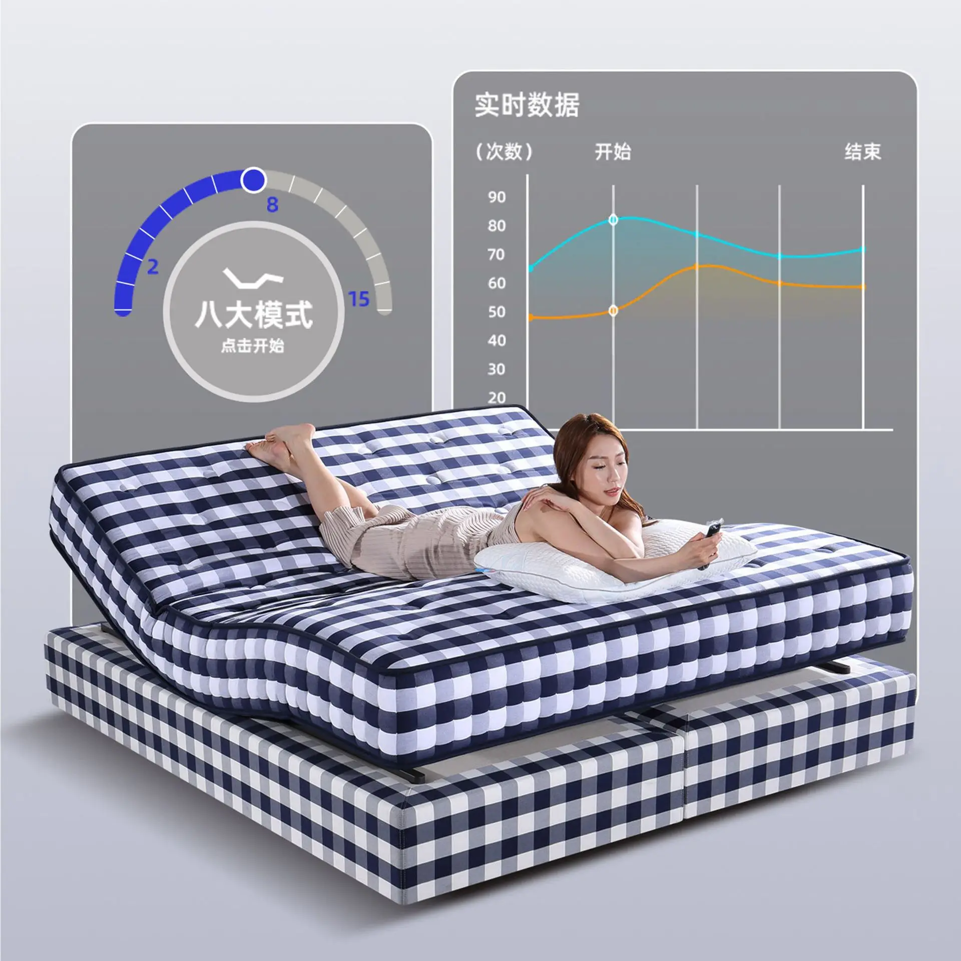 Handmade smart mattress blue plaid multi-function automatic zero gravity electric lifting vibration massage anti-snoring help