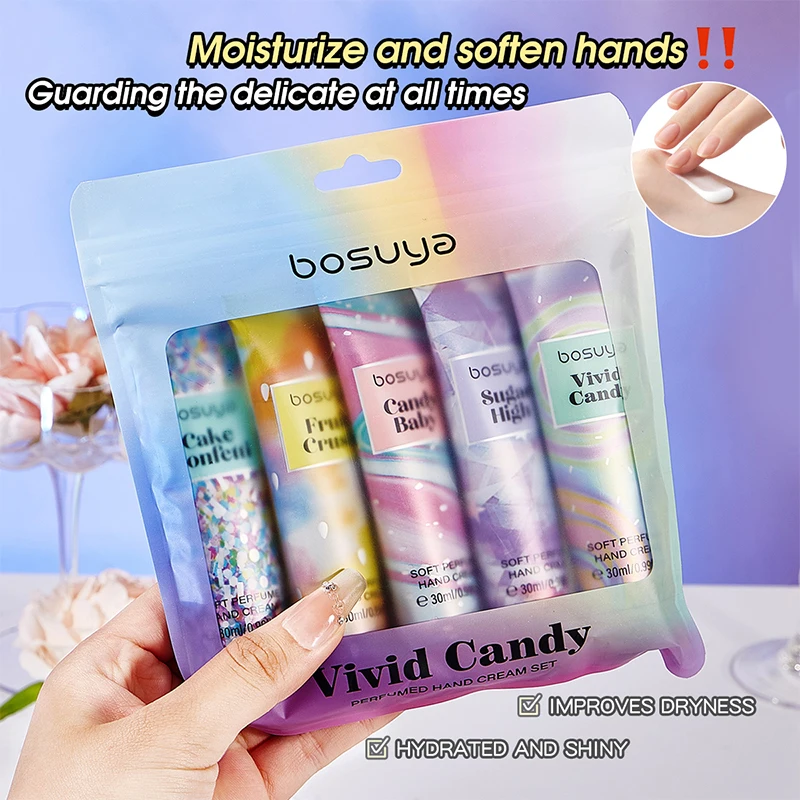 Bosuya Fragrance Hand Cream Set, 5-Pack, Moisturizing, Hydrating, Whitening, Anti-Chapping, Portable and Compact, Suitable for Autumn and Winter, for Men and Women, Students, Office, Home, On-The-Go Hand Care, Refreshing, Non-Greasy, Long-Lasting Fragrance, Improves Roughness.