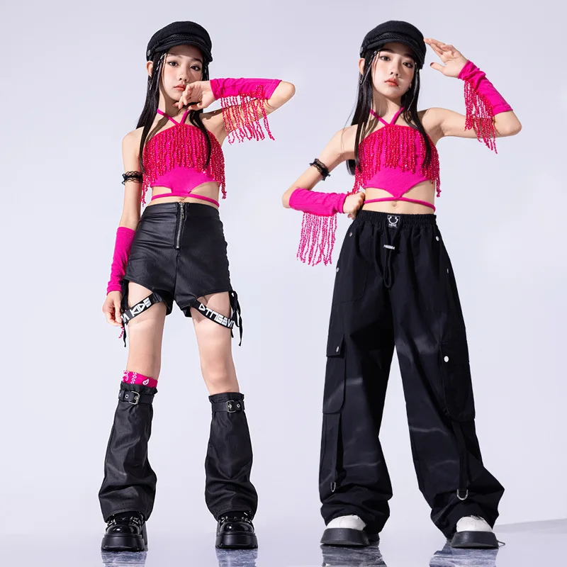 

Kid Hip Hop Clothing Rose Halter Sequin Lace up Tank Black Cargo Pants Faux Leather Shorts for Girl Jazz Dance Costume Clothes