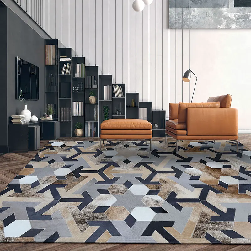 

Real Cowhide Living Room Carpet Simple Geometry Area Rug for Bedroom Natural Cows Skin Leather Carpet Rug