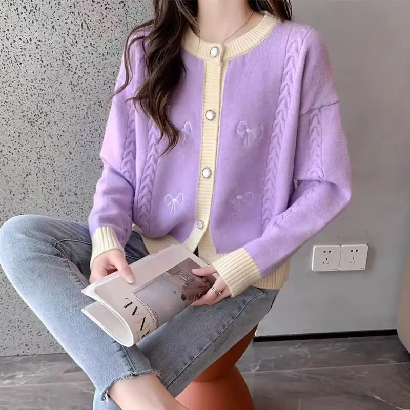 Bow Button Lantern Long Sleeve Women\'s Clothing Crew Neck Autumn Winter Cardigan Sweater Knitted Coats Screw Thread Commute Tops