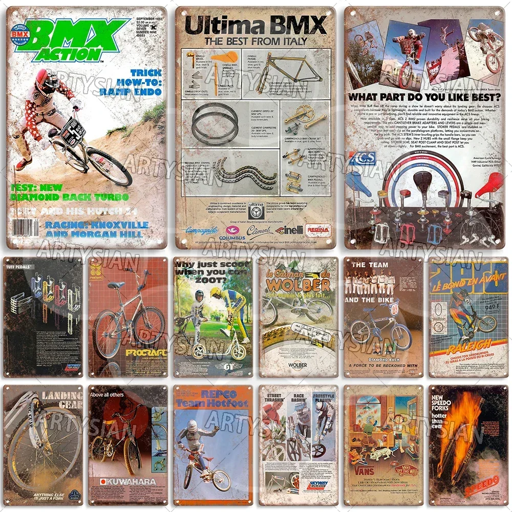 Vintage BMX Bike Metal Sign Bicycle Motocross Plaque Racing ACS TUF Pedals Procraft Kuwahara Raleigh Mongoose Dyno Diamond Back