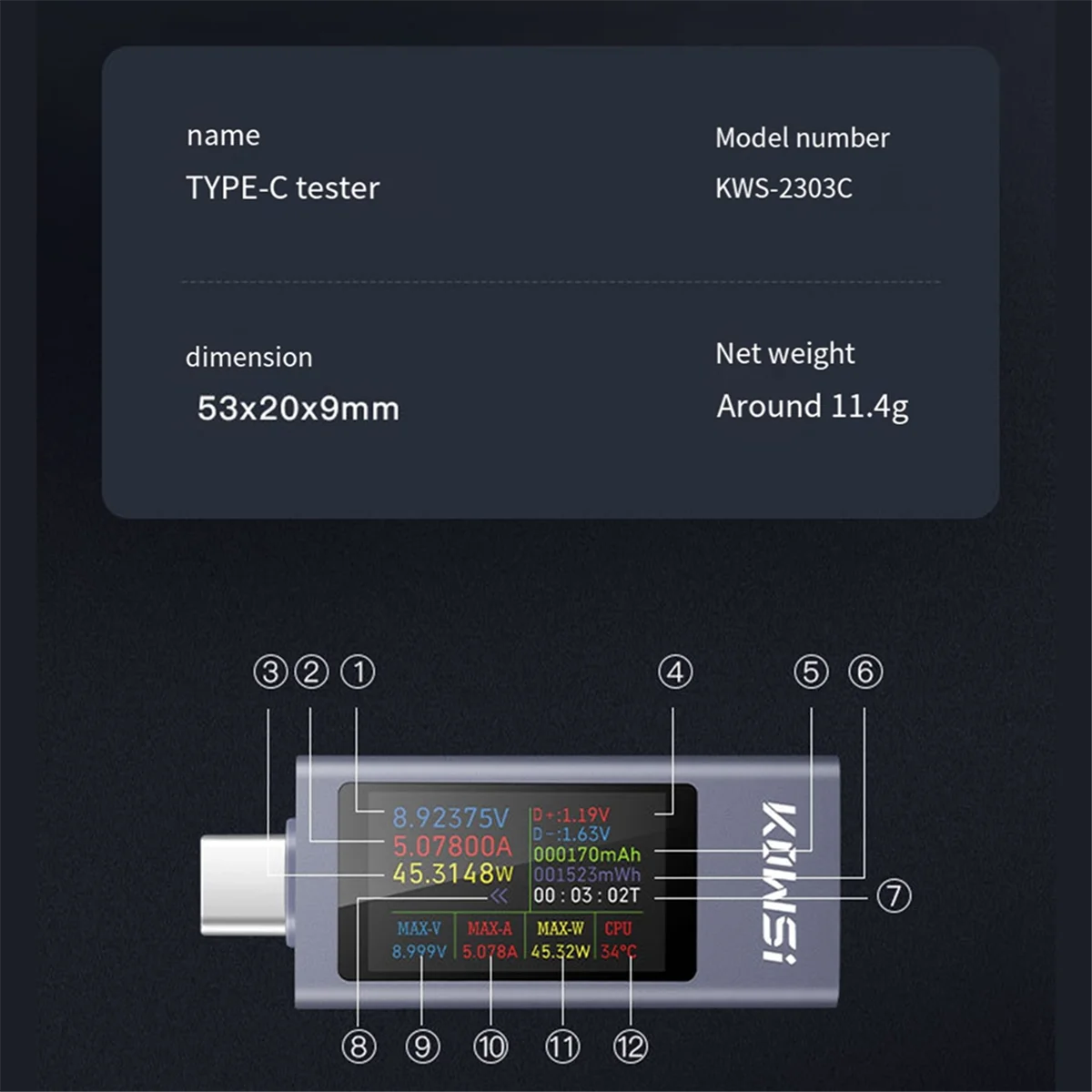 AA38M KOWSI Power Meter Type-C Tester Multifunction Digital Display DC Voltage Ammeter Power Meter Detector for Electrician Tool