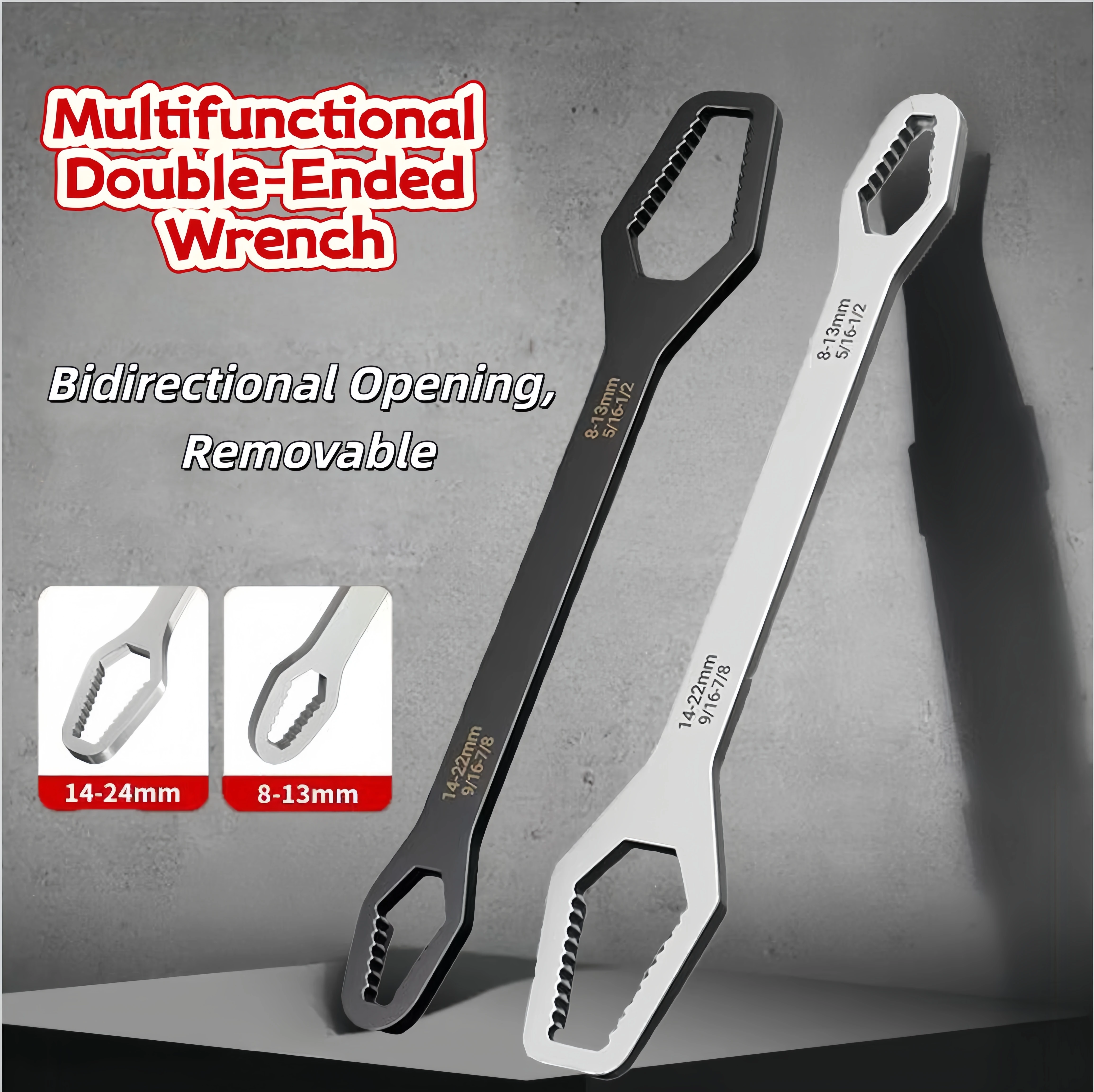 Multifunctional Double-Ended Self-Tightening Wrench, Universal 8-24mm Metric & Imperial Sizes, Heavy Duty High Carbon Steel Tool