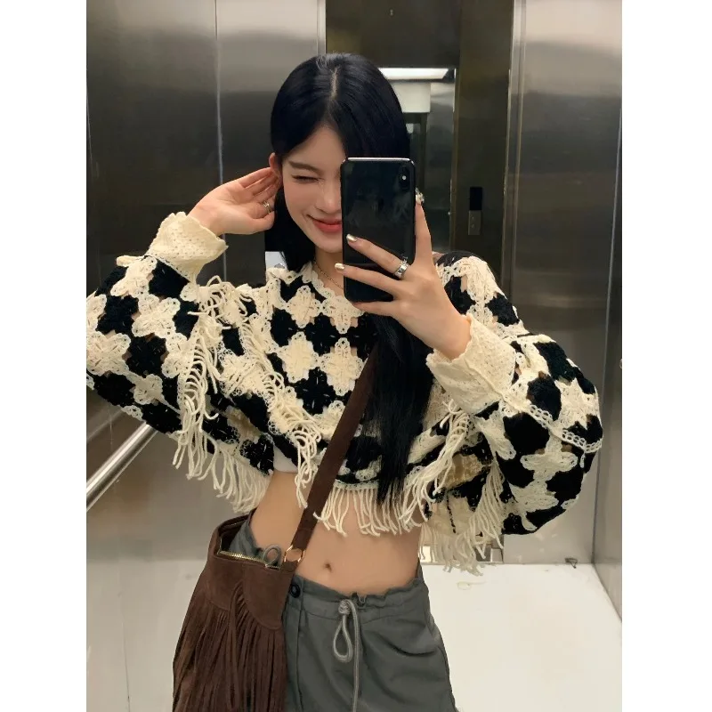 Damski czarny gotycki sweter z dzianiny Harajuku Koreański 90s Y2k Sweter z długim rękawem Swetry w paski Vintage 2000s Clothes