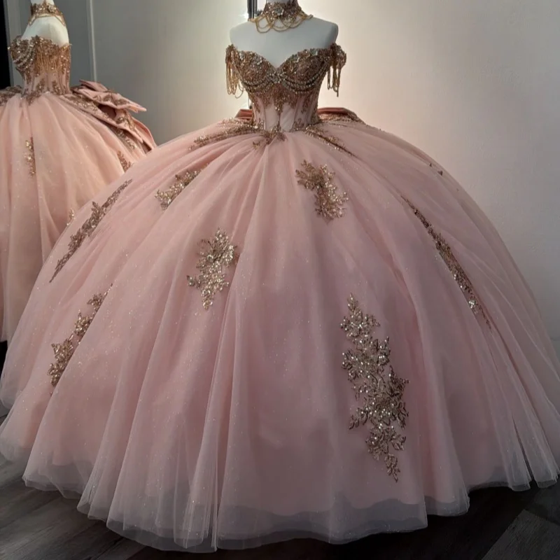 

Pink Quinceanera Dresses Off the Shoulder Golden Glitter Decal Crystal Beading Long tail Bow Vestido De 15 Quinceanera Customize
