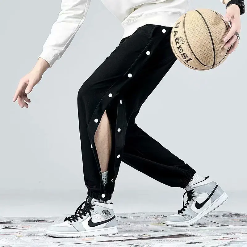 TRSYPHXM Tight leg sports pants men's trendy brand spring and autumn loose wide leg breasted basketball casual long back pants