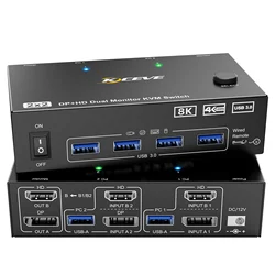 NEW KCEVE Dual Monitor KVM Switch 2 Port, 8K@60Hz 4K@144Hz HDMI+DP USB 3.0 Switch Extended Display 2 Monitors 2 Computers