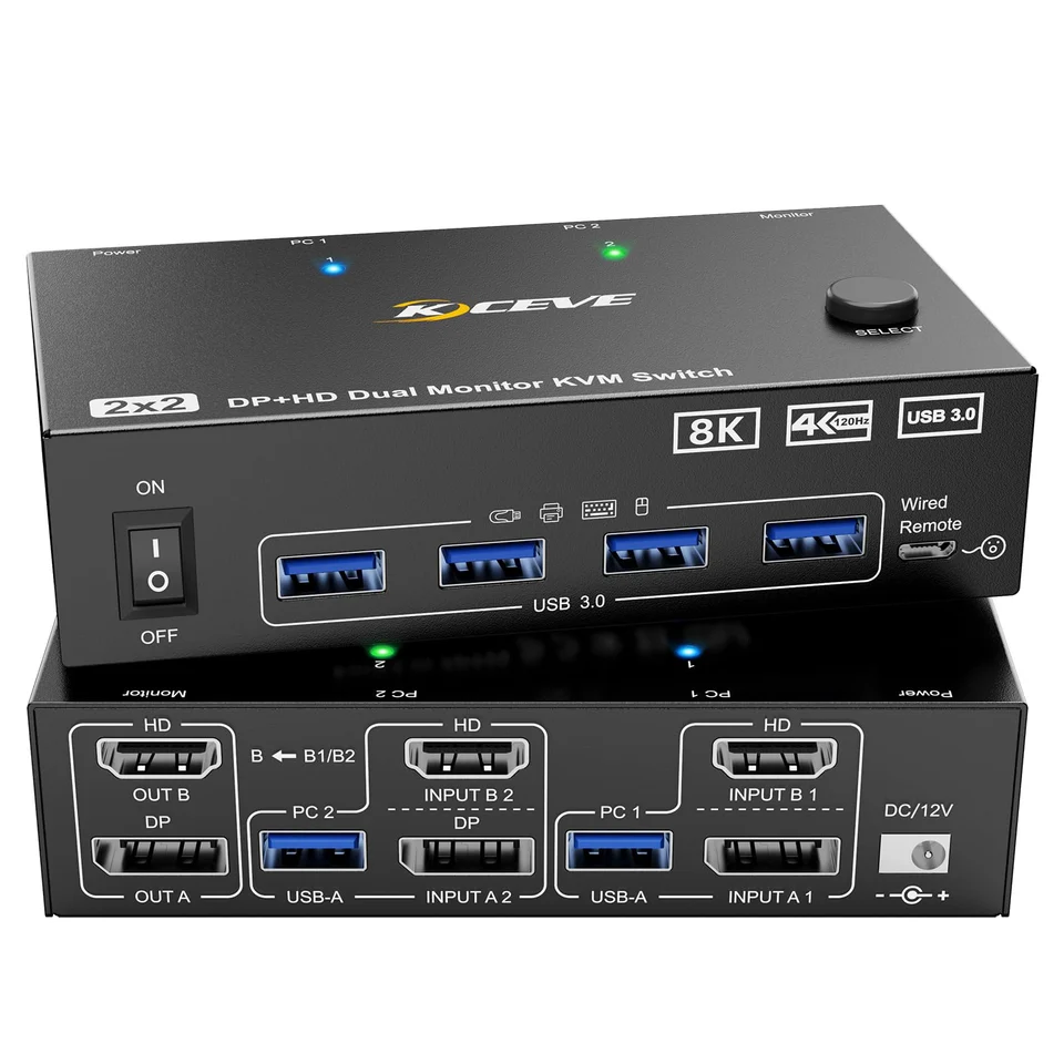 NEW KCEVE Dual Monitor KVM Switch 2 Port, 8K@60Hz 4K@144Hz HDMI+DP