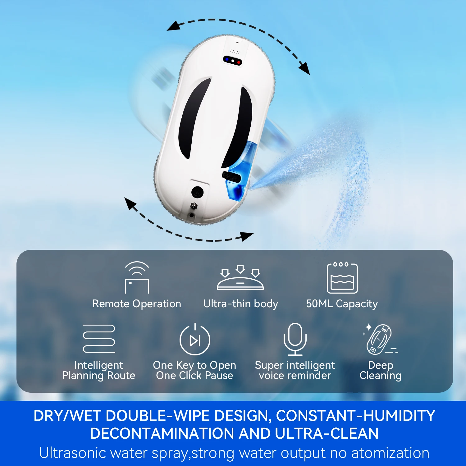 7.7cm Ultra-thin Water Spray Window Cleaner with App Control High Suction Robotic Glass Window Washer