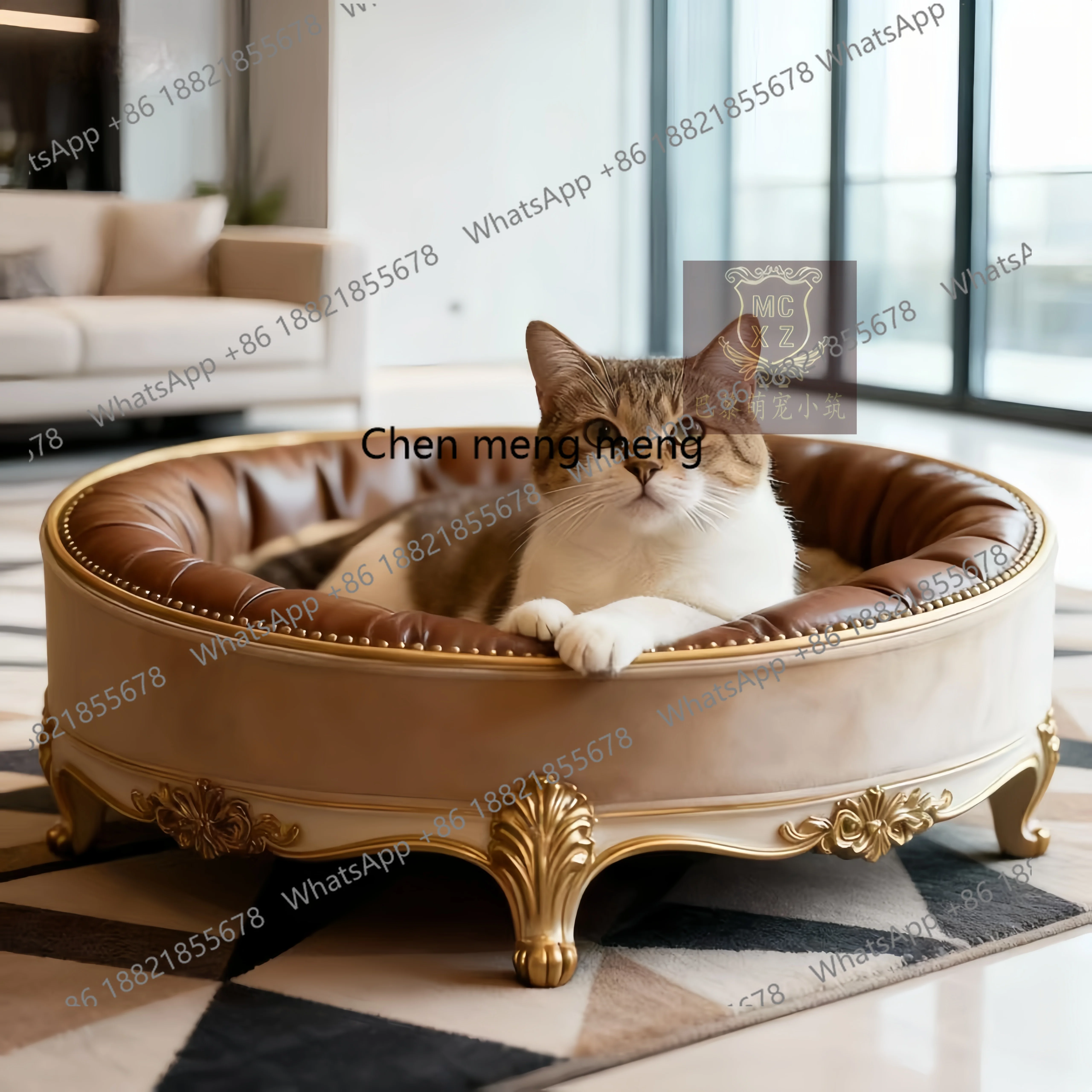 

European solid wood cat bed, white gold-painted kennel, round pet nest, small dog luxury cat bed