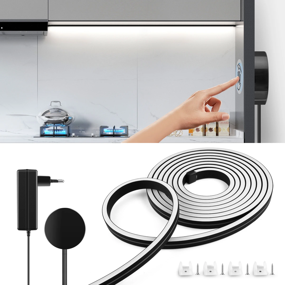 24V Black Pure Silica Gel Tube LED Neon Light Strip Tape Penetrable Wood Hand Sweep Touch Dimmer DIY Kitchen Cabinet Wall Lamp