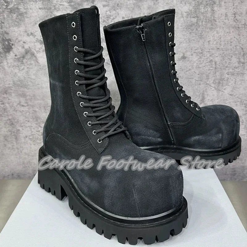 Fashion Big Head Chunky Heel Denim Chelsea Boots for Men British Style High Top Lace-Up Motorcycle Boots Male Casual Shoes