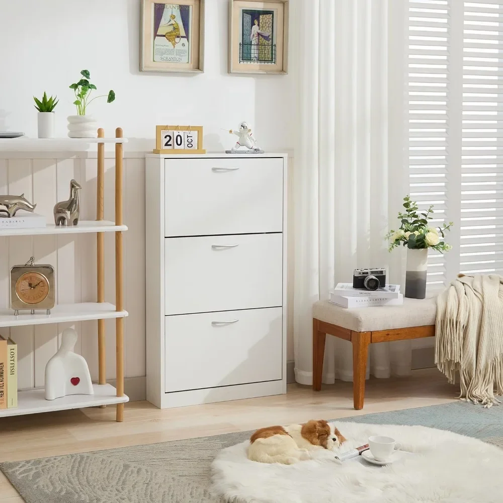 Shoe Cabinet Storage for Entryway, Flip Down Shoe Rack Wood 3 Tier White Shoe Organizer