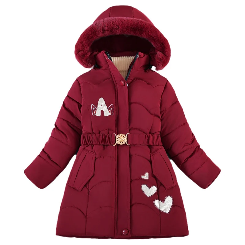 -15℃ Teen Girls Jacket 2024 Winter Long Love Pattern Lining Plus Velvet Thick Warm Hooded Windbreak For 5-10Y Kids Cotton Coats