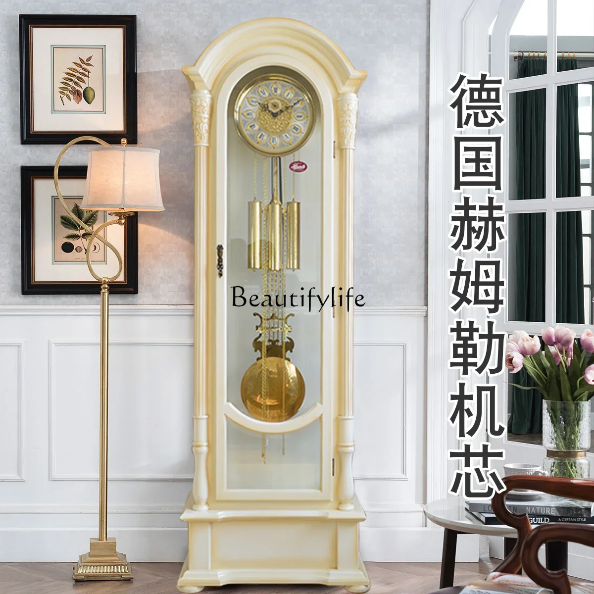 

09 European retro solid wood floor clock living room mechanical clock