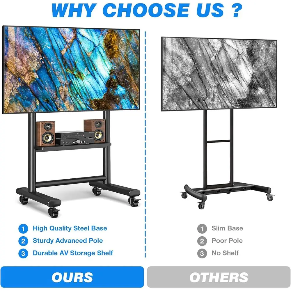 Heavy Duty Mobile TV Stand or 50-92 Inch Large TVs up to 200lbs | Height Adjustable Rolling TV Stand with Silent Wheel, Upgraded