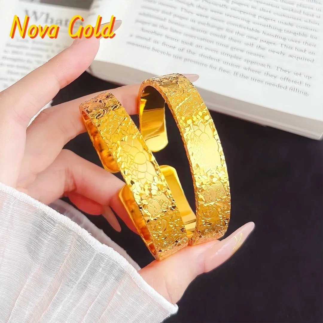 

Браслет NovaGlod в стиле золотых украшений, 9999 пробы, 24K, из настоящего золота, широкий, с благоприятными надписями, с гравировкой лотоса, дизайн «Разбитый лед», открытый.