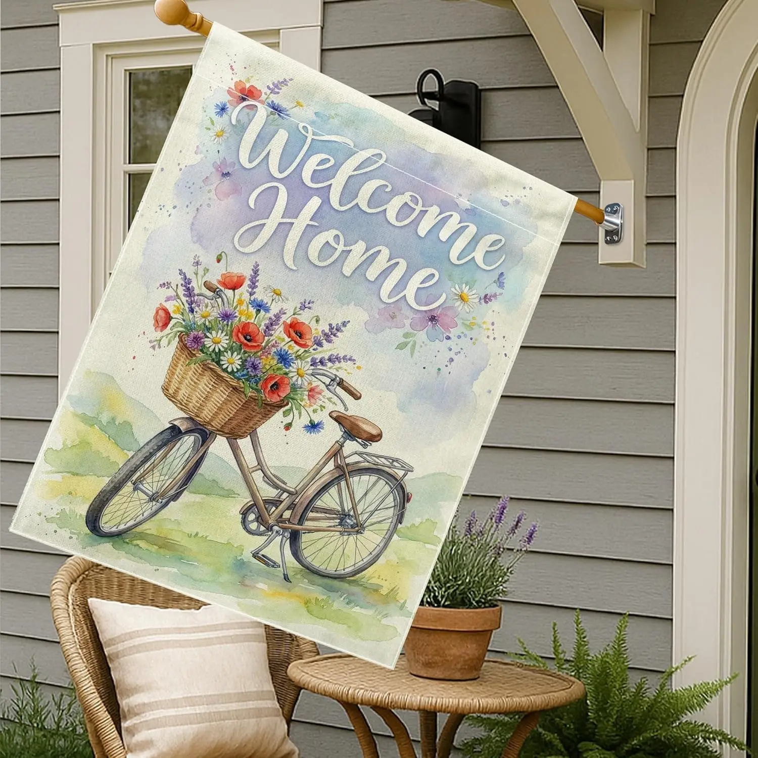 Bike House Flag, Watercolor Fanciful Flowers Basket Spring Pastel Double Sided Burlap Outside Large Garden Flag for Outdoor  GGO
