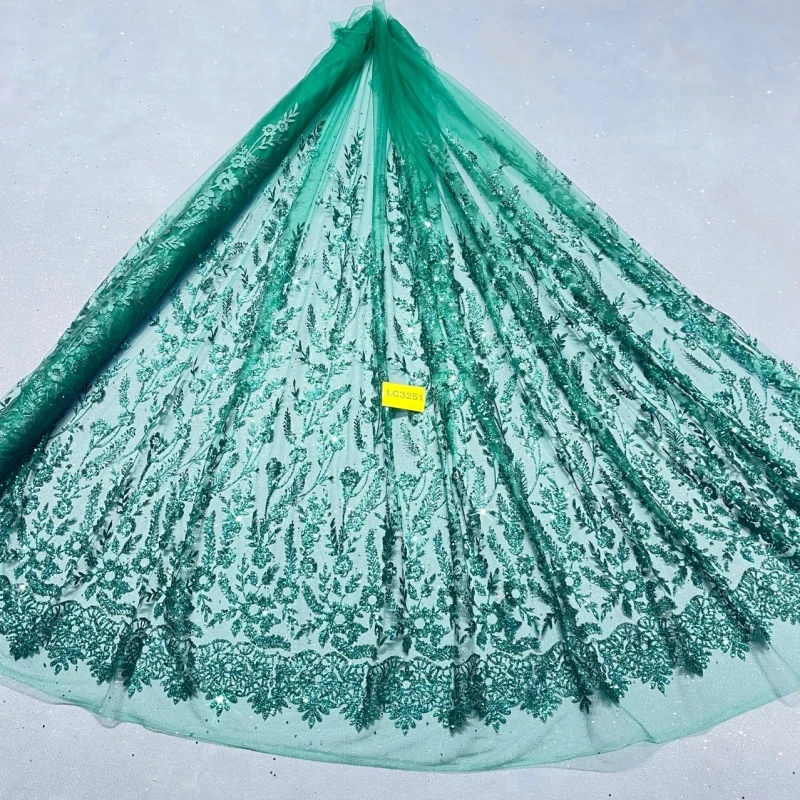 Tela de tul rosa dorado con encaje de malla estampado verde esmeralda de 10 yardas y 150 cm para vestido de novia y fiesta
