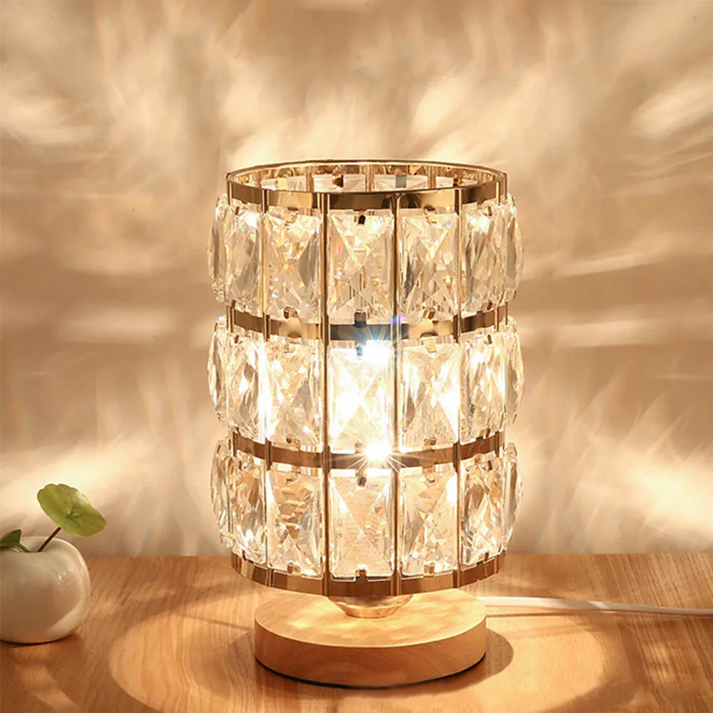 Crystal Glass Table Lamp European Style Small Luxury Simple Living Room Bedroom Bedside Lamp For Home Decoration wooden base