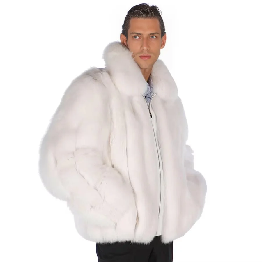 

Natural Fur Coat Men Fox Fur Turn Down Collar Autumn Winter Warm Thick