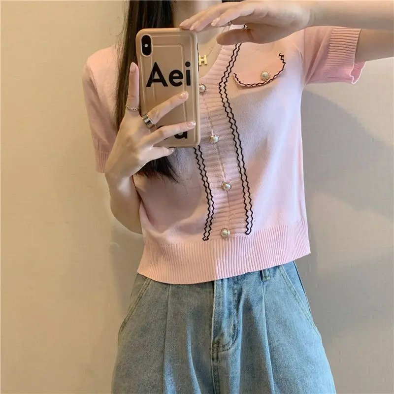 2024 Summer New Women\'s Thin Sweater Fashion Commute Spliced Striped Button All-match V-neck Short Sleeve Slim Chic Knitted Tops