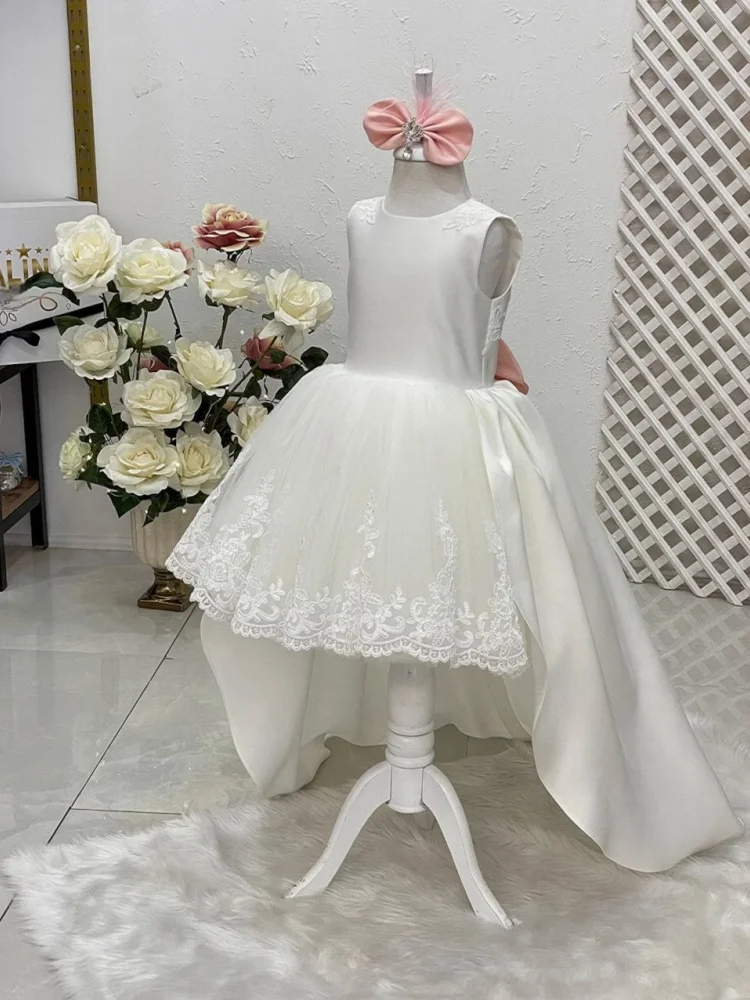 Ivory Satin Flower Girl Dress Sleeveless Lace Pearl Big Pink Bow Train Gown First Communion Wedding Pageant Princess Dresses