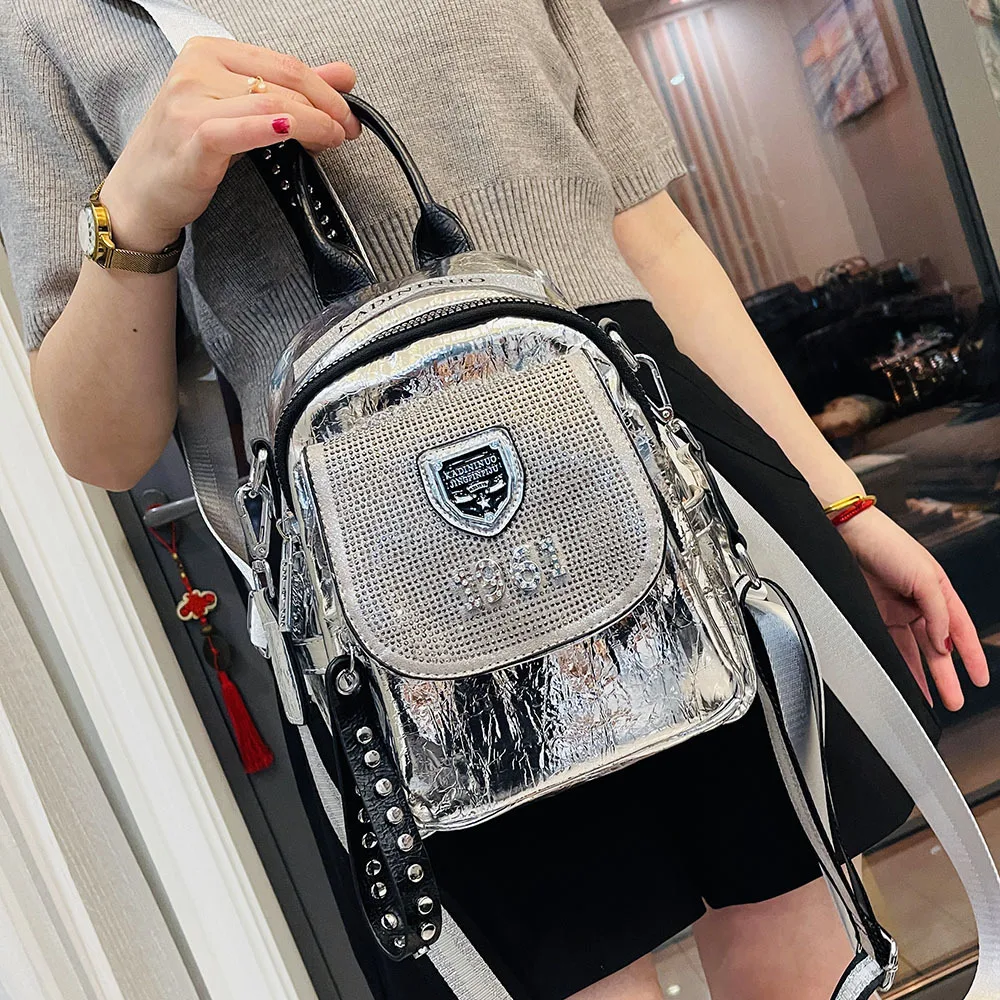 #1009 # Hot Diamond Multi purpose Backpack Women's Trendy Backpack Silver Soft Leather Leisure Travel Bag Book Bag