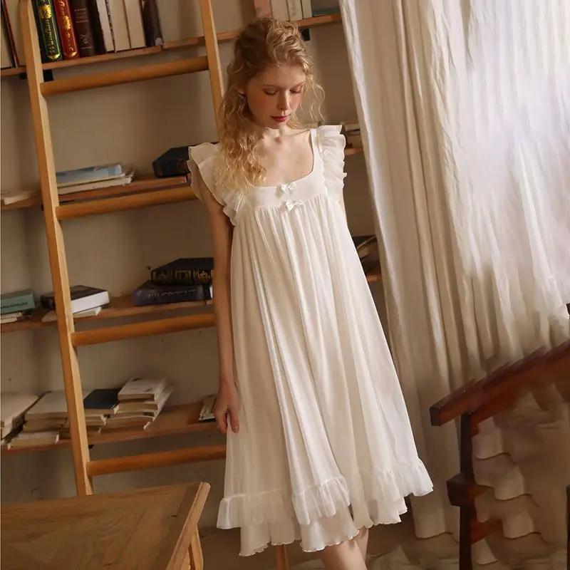 Retro Bow Nightdress 2022 New Pajamas Women\'s Summer Sleeveless Nightgown Sweet Fairy Palace Style White Dress Pajama for Female