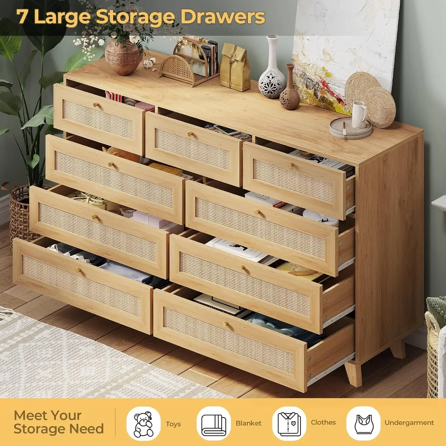 ¡Oferta Especial, Oferta por Tiempo Limitado! Cómoda de Ratán para Dormitorio con 9 Cajones, Cómoda Larga Moderna de Madera para Dormitorio, Cajonera