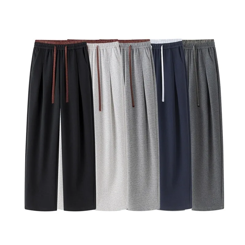 2026 Fall Winter Mens Faux Layered Cotton Sweatpants High Street Loose Wide Leg Casual Sports Knit Long Trousers