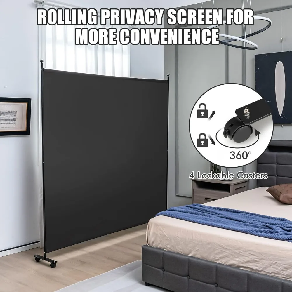 Painel único quarto divisor com Wide Rolling, tela de privacidade com rodas bloqueáveis, tela divisória portátil, 6ft