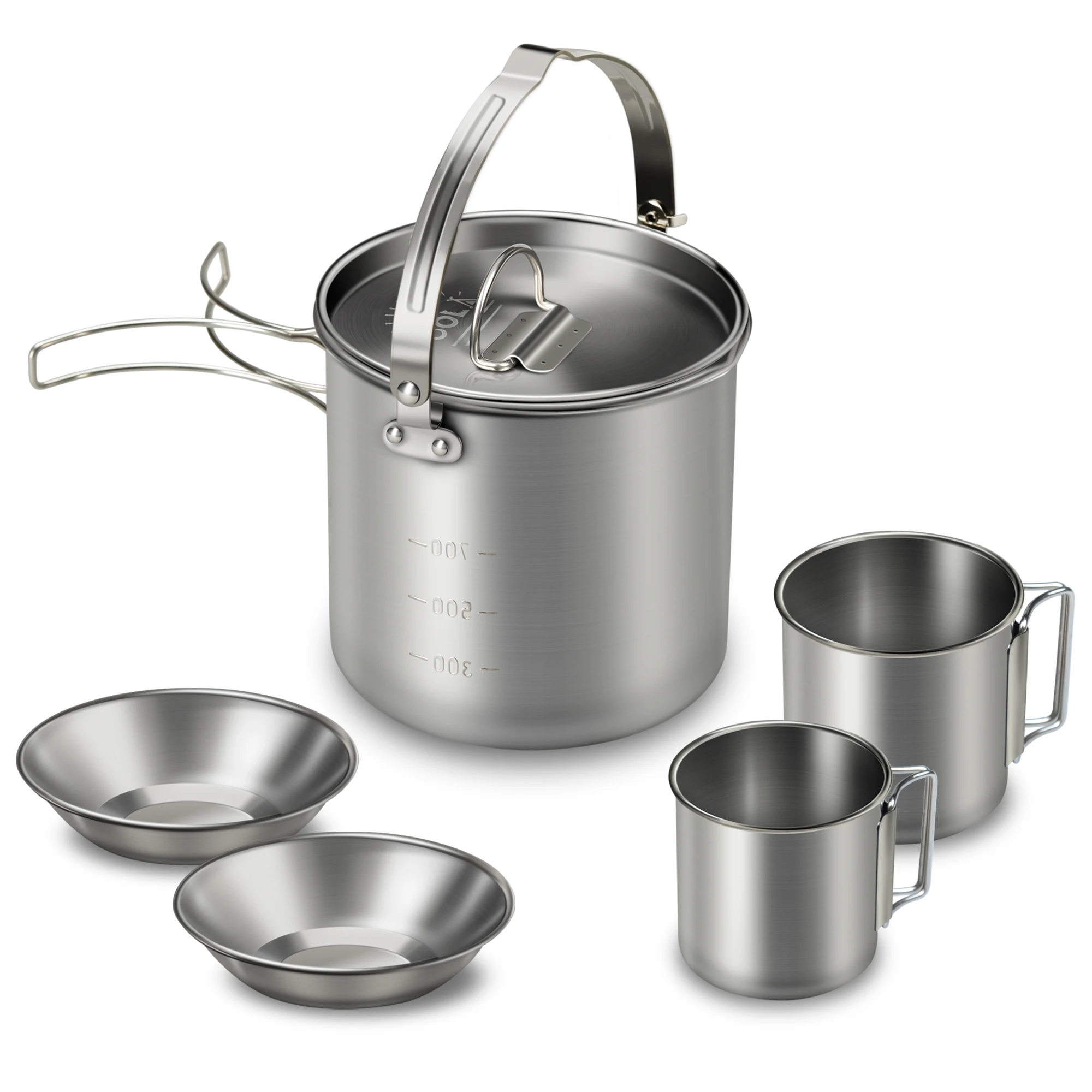 5PCS Stainless Steel Kettle with 2 Cups 2 Bowls Foldable Handles Lid Large Capacity Portable Tea Coffee Water Cooking Pot