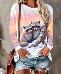 Women Long Sleeve T‑Shirt Dreamy Gradient Owl Snowy Starry Sky Print Crew Neck Loose Casual Daily Blouse Tops