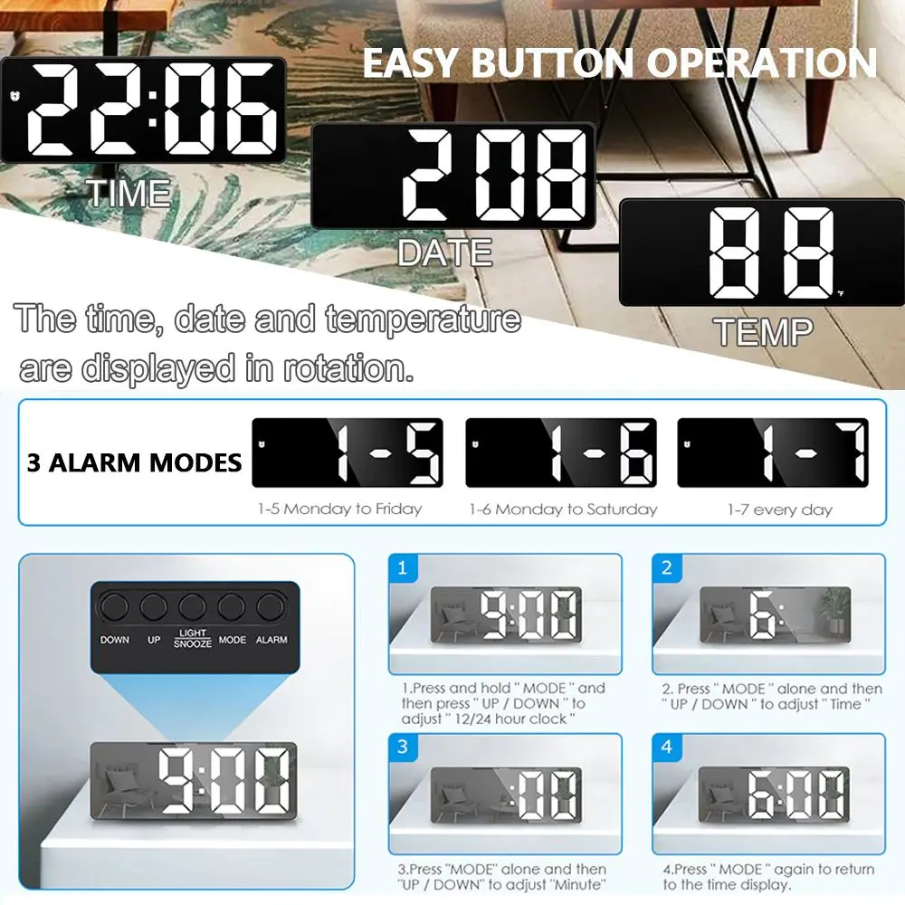 Plastic Voice Control Digital Alarm Clock Dual Alarm Adjustable LED Electronic Alarm Clock 12/24H Anti-disturb Desktop Clock