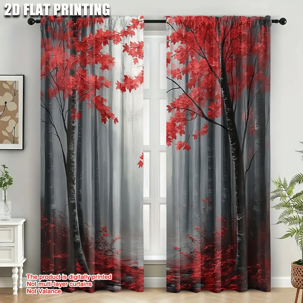 2pcs, Fashionable Curtains 2D print Art Deco Red Leaves Tree Print Versatile 100% Polyester (without rod) All Seasons Perfect