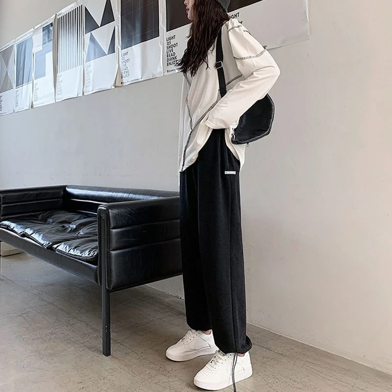Fall Winter 2026 Women Gray Fleece Lined Sweatpants High Waist Drape Straight Cuffed Slim Casual Joggers New