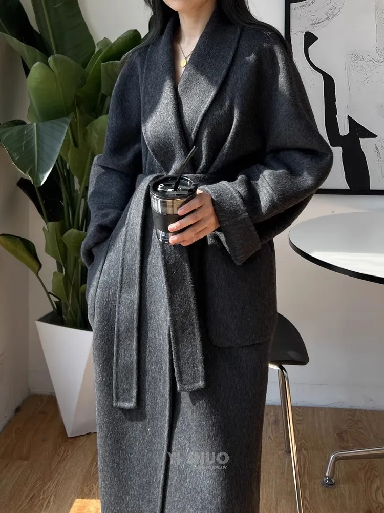 

2025 New Autumn winter Korean-style high-end grey bathrobes double-sided wool coats Woman with lapels long red lace-up coat