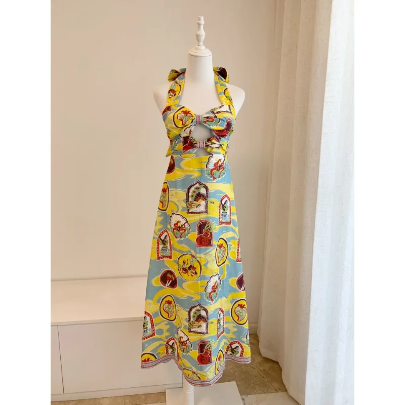 

Bohemian Sleeveless Maxi Dress for Women Ethnic Print Twist Waist Bow Tie Back Holiday Beachwear Sundress Casual Resort Outfit