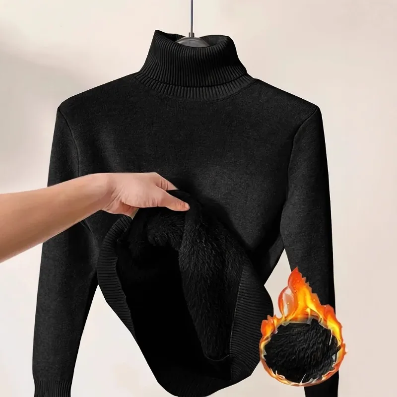 

Женский элегантный утепленный бархатный пуловер на подкладке, теплый однотонный вязаный пуловер, тонкие топы, трикотаж, джемпер, водолазка, зимний свитер