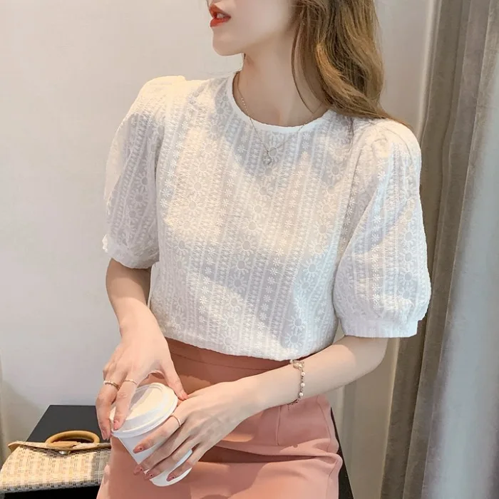 

Ele Embroidered Bubble Sve Chiffon Top round Ne Women's Summer Faion Design Sense Quali Korean Sle Loose Fit