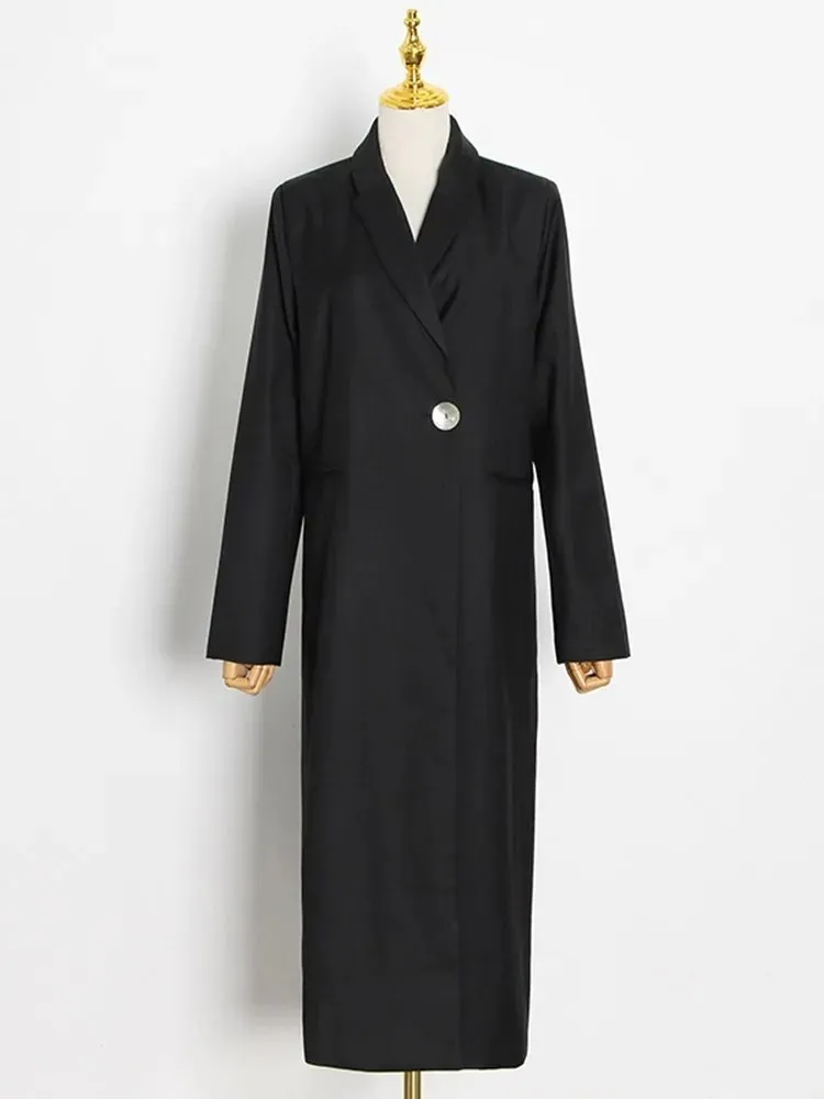 BPN Temperament Black Blazers For Women Nothced Collar Long Sleeve Spliced Single Button Minimalist Long Blazer Female Fashion