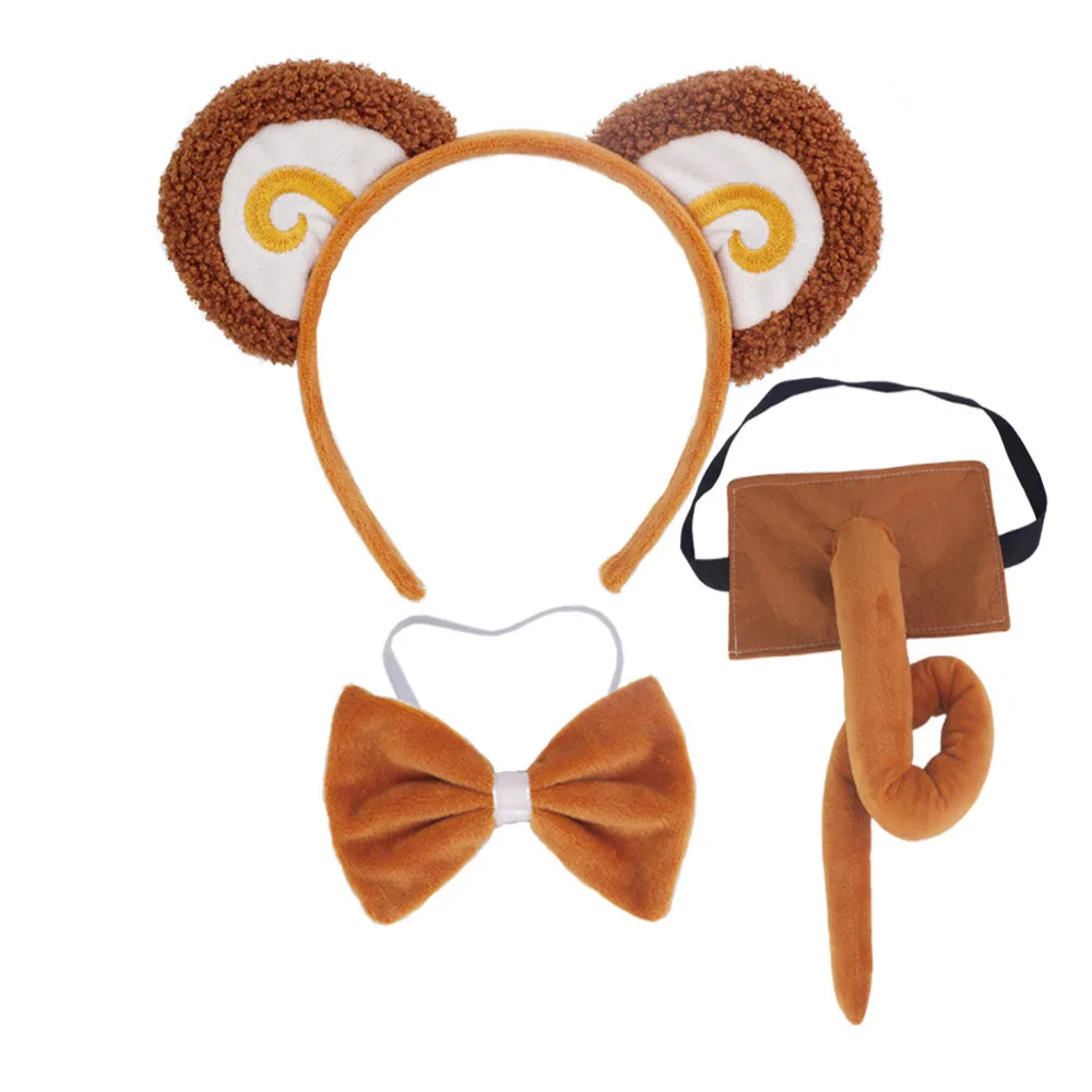 Monkey Ears and Tail Bow Tutu Set Animal Costume Headband for Carnival Headwear Accessories Halloween Kid Role Play Birthday