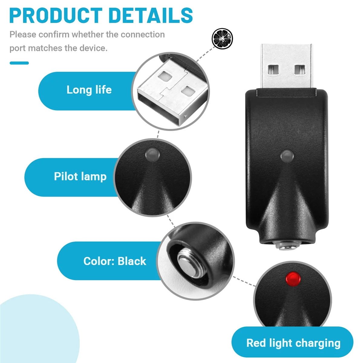 2 قطعة كابل خيط USB للشاحن، شاحن USB Vape محمول، مع ضوء مؤشر LED، حماية ذكية من الشحن الزائد