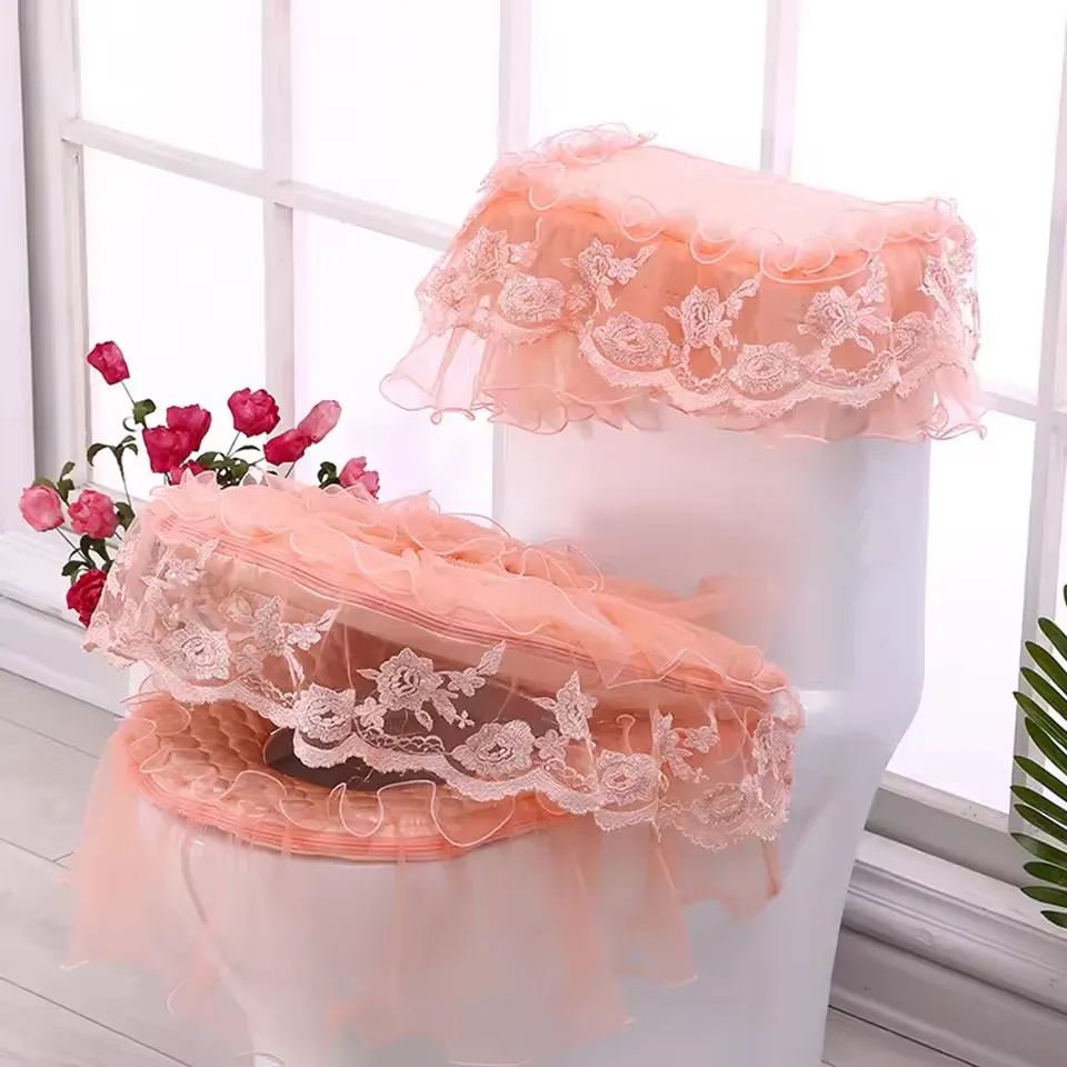 Thick Lace Coral Velvet Toilet Seat Cover Set Soft Warm Toilet Case Washable Bathroom WC Cover Mat Tapa Para Wc